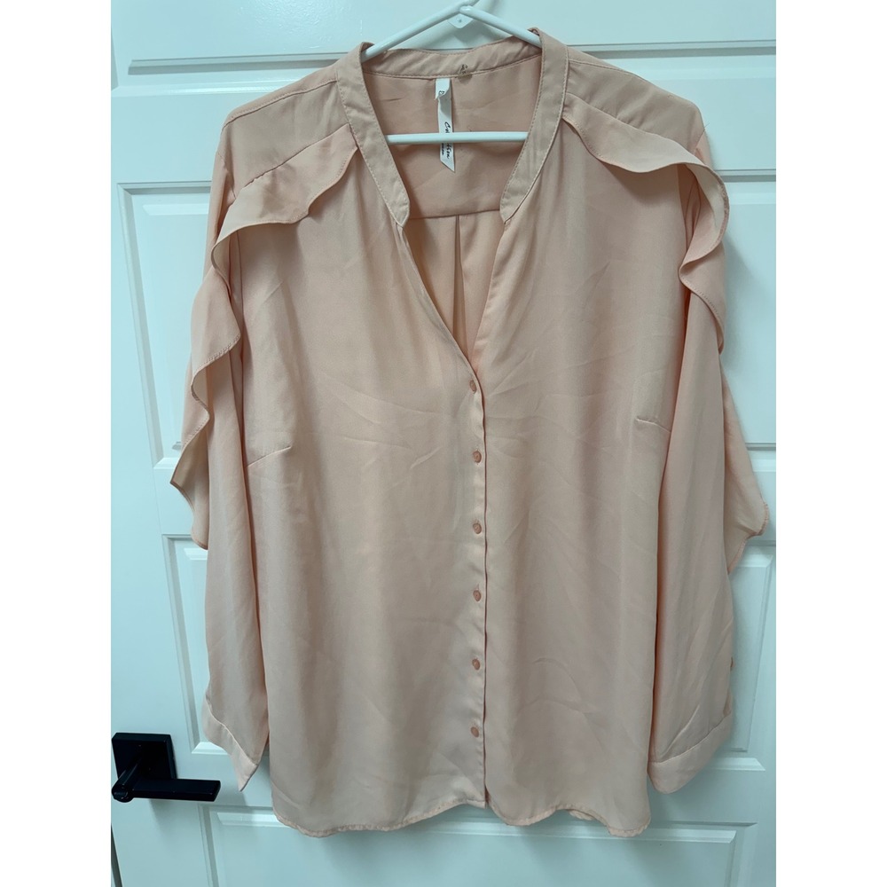 NY Collection Woman Peach Ruffle Sleeve Button Front Blouse 3X Beauiful!